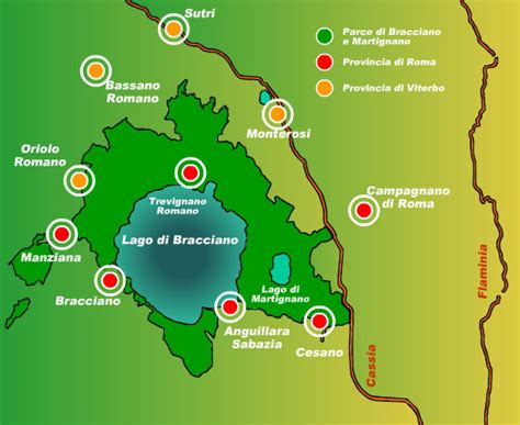 Mappa del Parco Naturale Regionale di Bracciano-Martignano con Anguillara Sabazia, Bracciano e Trevignano Romano evidenziati