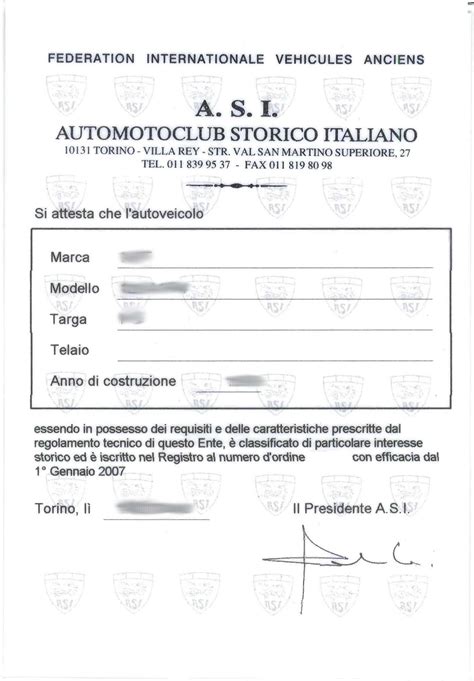 Auto storica iscrizione ASI