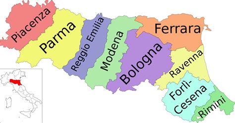 Mappa della regione Emilia-Romagna con evidenziate le province di Rimini e Cesena