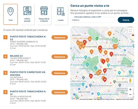 Mappa punti di ritiro pacchi