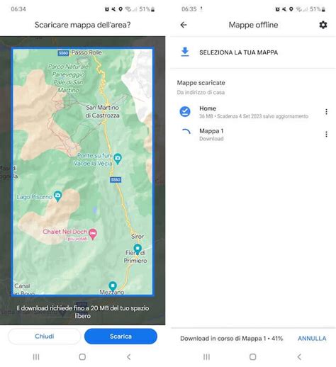 Schermata di Google Maps con l'opzione per le mappe offline