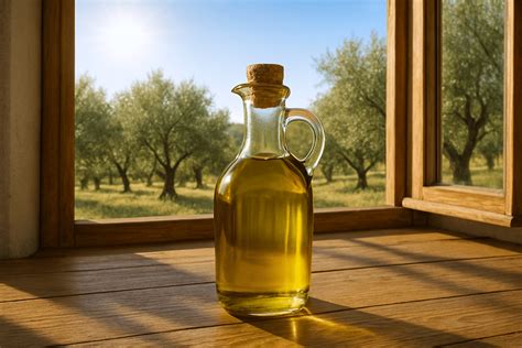 olio d'oliva in bottiglia esposto alla luce solare
