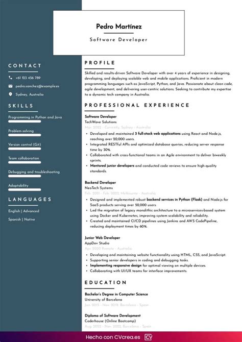 Esempio di curriculum australiano (senza foto, focus su competenze)
