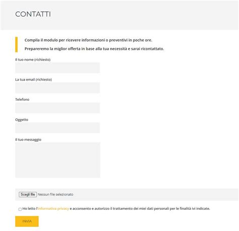Form di contatto per ricambi auto d'epoca su un sito web