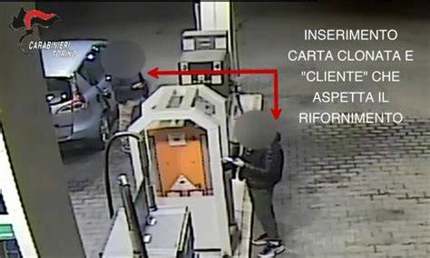 Diagramma che illustra il funzionamento di una truffa con carte carburante clonate