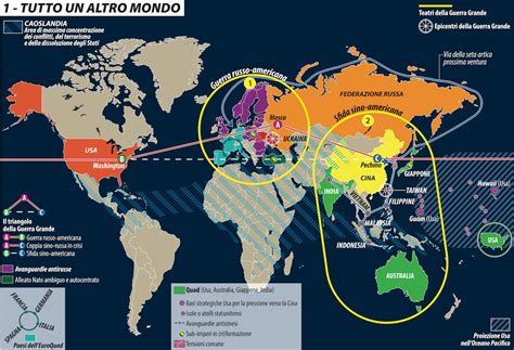 Mappa geopolitica con frecce indicanti tensioni e rotte commerciali