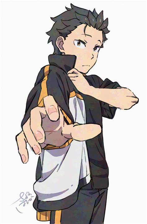 Subaru Natsuki in piedi con uno sguardo determinato