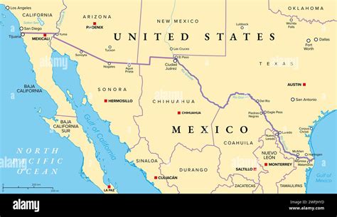 Mappa della frontiera USA-Messico con le principali città di confine