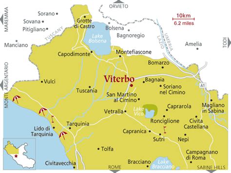 Mappa stilizzata della provincia di Viterbo con icone legate all'automobilismo