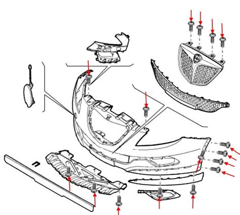 Diagramma tecnico che illustra i punti di fissaggio del paraurti anteriore su una Volkswagen Tiguan