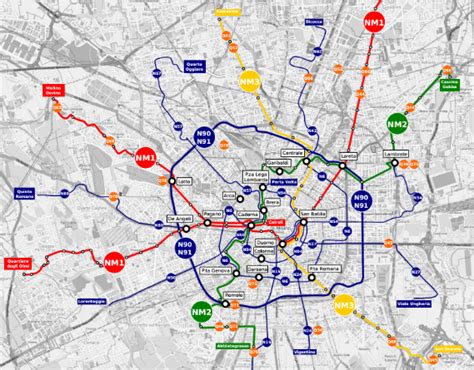 Mappa della rete bus notturna di Milano, con le linee NM e le principali fermate