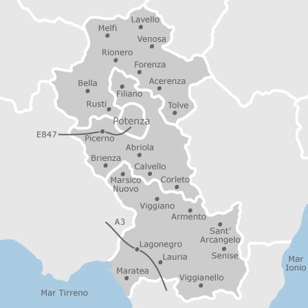 Mappa della provincia di Potenza con evidenziate le aree di maggior interesse commerciale per i veicoli industriali