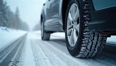 Close-up of winter tires with deep treads on a snowy road
