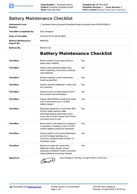 Checklist for battery maintenance