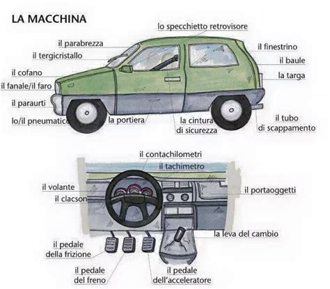 Schema di uno specchietto retrovisore di un'automobile con le sue parti principali indicate