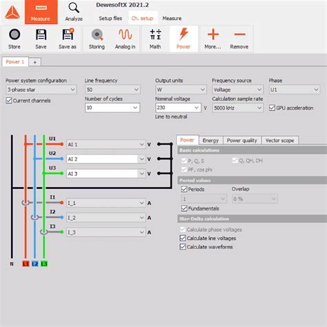Screenshot della misura dell'efficienza di trasferimento di potenza elettrica di Dewesoft