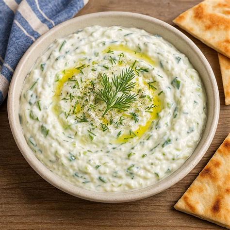 Salsa tzatziki servita in una ciotola di ceramica accanto a pane e verdure