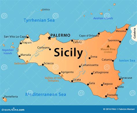 Mappa della Sicilia con evidenziate le città menzionate