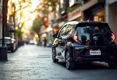 Toyota Aygo in un ambiente urbano che riflette la sua carrozzeria lucida