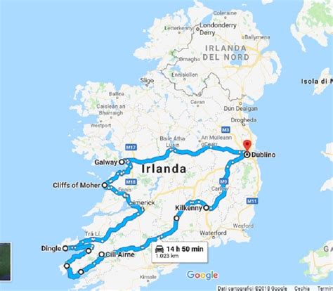 Mappa dell'Irlanda con itinerario di viaggio