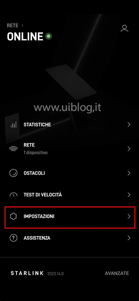 Schermata STARLINK con menu Impostazioni