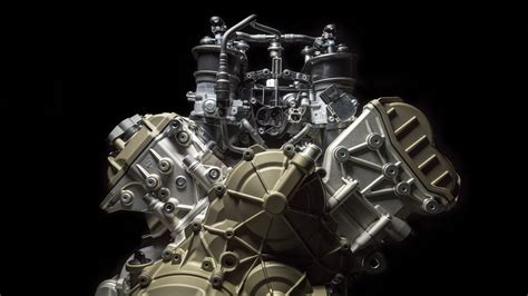 Schema tecnico del motore Desmosedici Stradale R con evidenziati pistoni DLC e bielle 