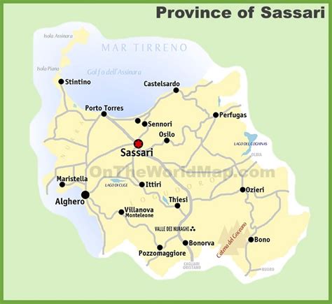 Mappa della Sardegna con indicata la provincia di Sassari e la città di Ozieri