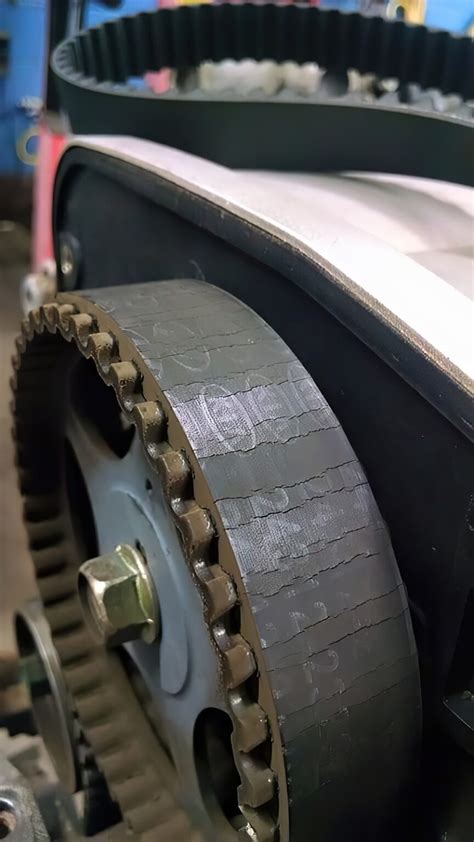Close-up of a degraded timing belt showing cracks