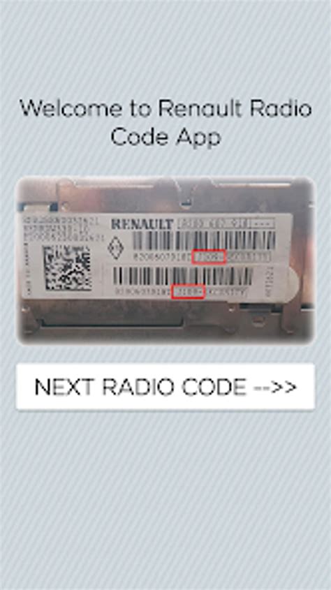 Schermata di un'app per recuperare il codice radio Renault
