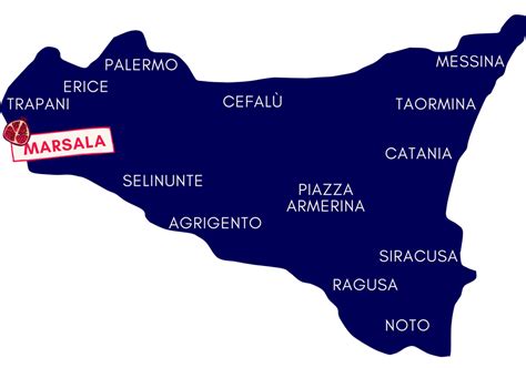 Mappa della Sicilia con evidenziate le città di Alcamo, Marsala e Mazara del Vallo