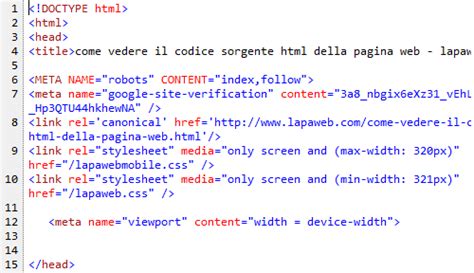 Esempio di ispezione del codice sorgente di una pagina web