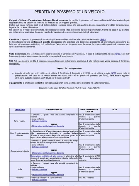 Documenti necessari per la perdita di possesso del veicolo