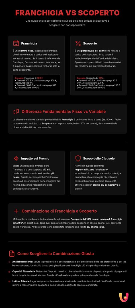 Infografica che spiega franchigia, scoperto e massimale con esempi