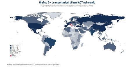 Mappa che illustra i principali mercati di esportazione per i macchinari italiani ACT