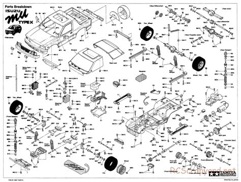 Exploded view of a Tamiya truck chassis showing component placement