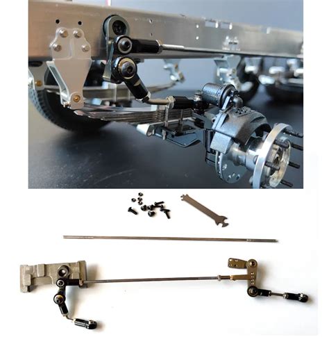 Close-up of a modified Tamiya truck steering linkage
