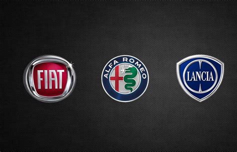 Loghi dei marchi del gruppo FCA: Fiat, Alfa Romeo, Lancia, Jeep, Chrysler, Dodge, RAM