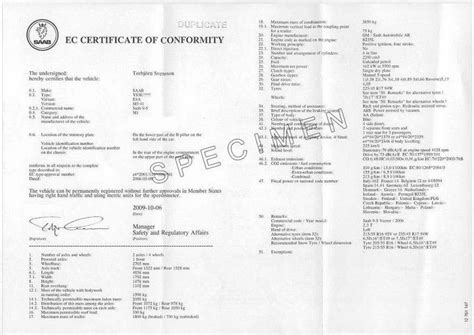 Documento Certificato di Conformità Europeo (COC) con logo Fiat