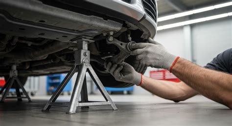 Illustrazione di come posizionare in sicurezza i cavalletti sotto un'auto e bloccare le ruote
