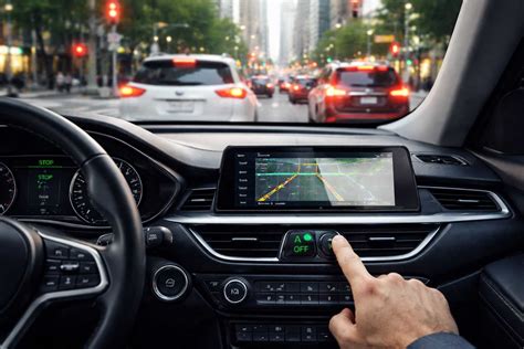 Interno di un'auto moderna con display che mostra le funzioni di comfort e sicurezza