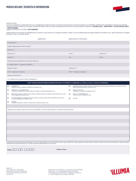 Modulo online per reclami e richieste