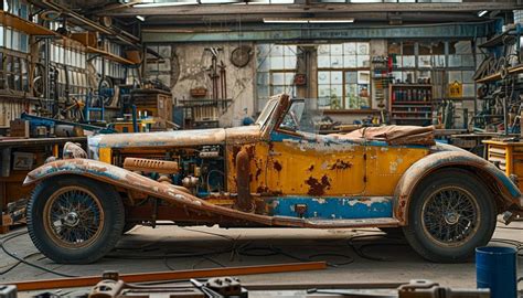 illustrazione di un'officina con auto d'epoca in fase di restauro