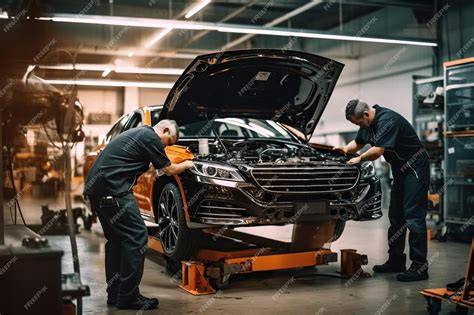 Peugeot dealership service bay with technicians working on a car