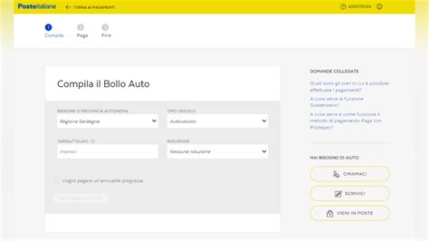 Interfaccia del servizio bollo auto di Poste Italiane