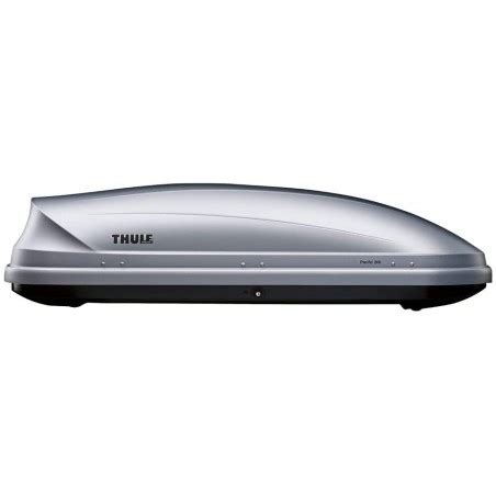 Diagramma che illustra l'installazione di un box da tetto Thule su un sistema di portatutto Thule, evidenziando i punti di fissaggio.