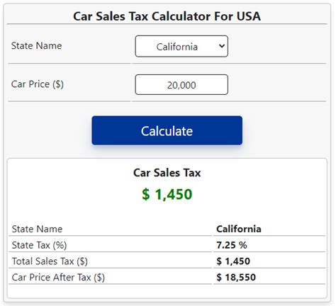 Computer screen showing an online car tax calculator
