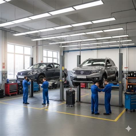 Officina Volkswagen con meccanici al lavoro