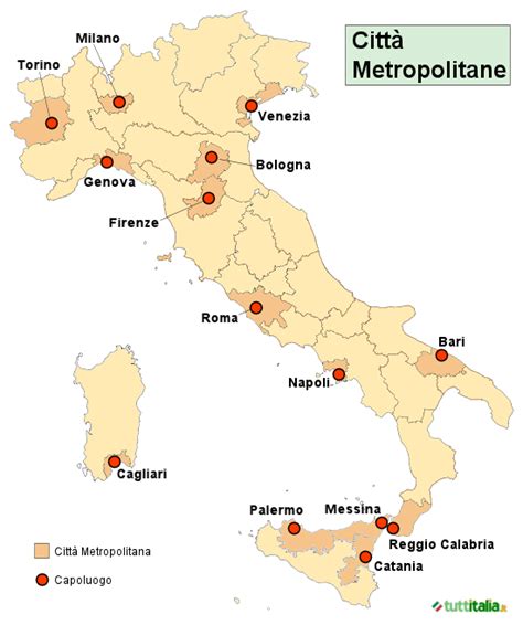 Mappa dell'Italia con evidenziate le Città Metropolitane e le Province
