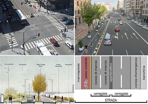 Una strada di città con veicoli autonomi e pedoni