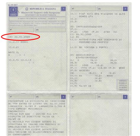 Pagina di un libretto di immatricolazione automobilistica con i dati di massa